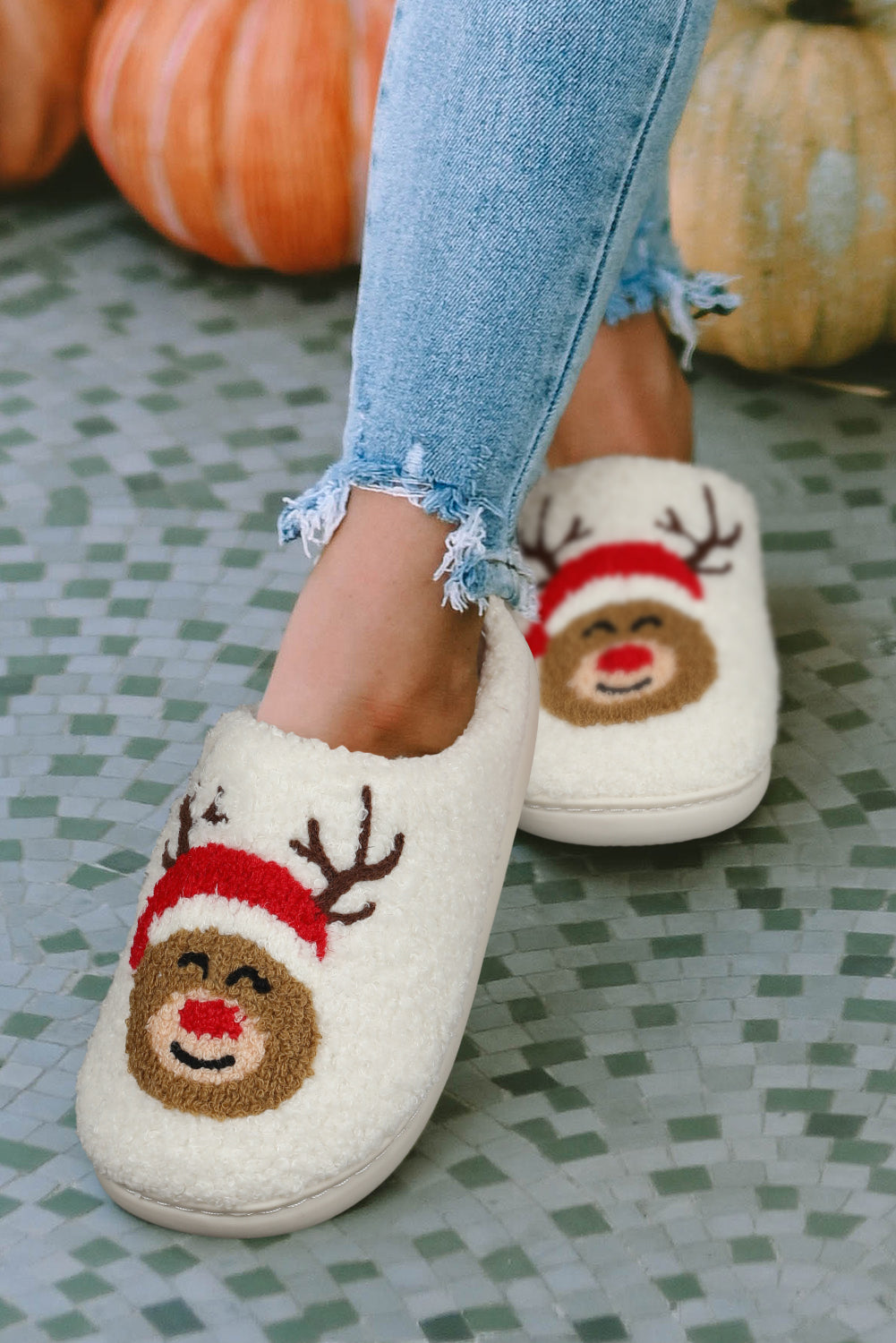 White Christmas Rudolph Home Indoor Plush Slippers