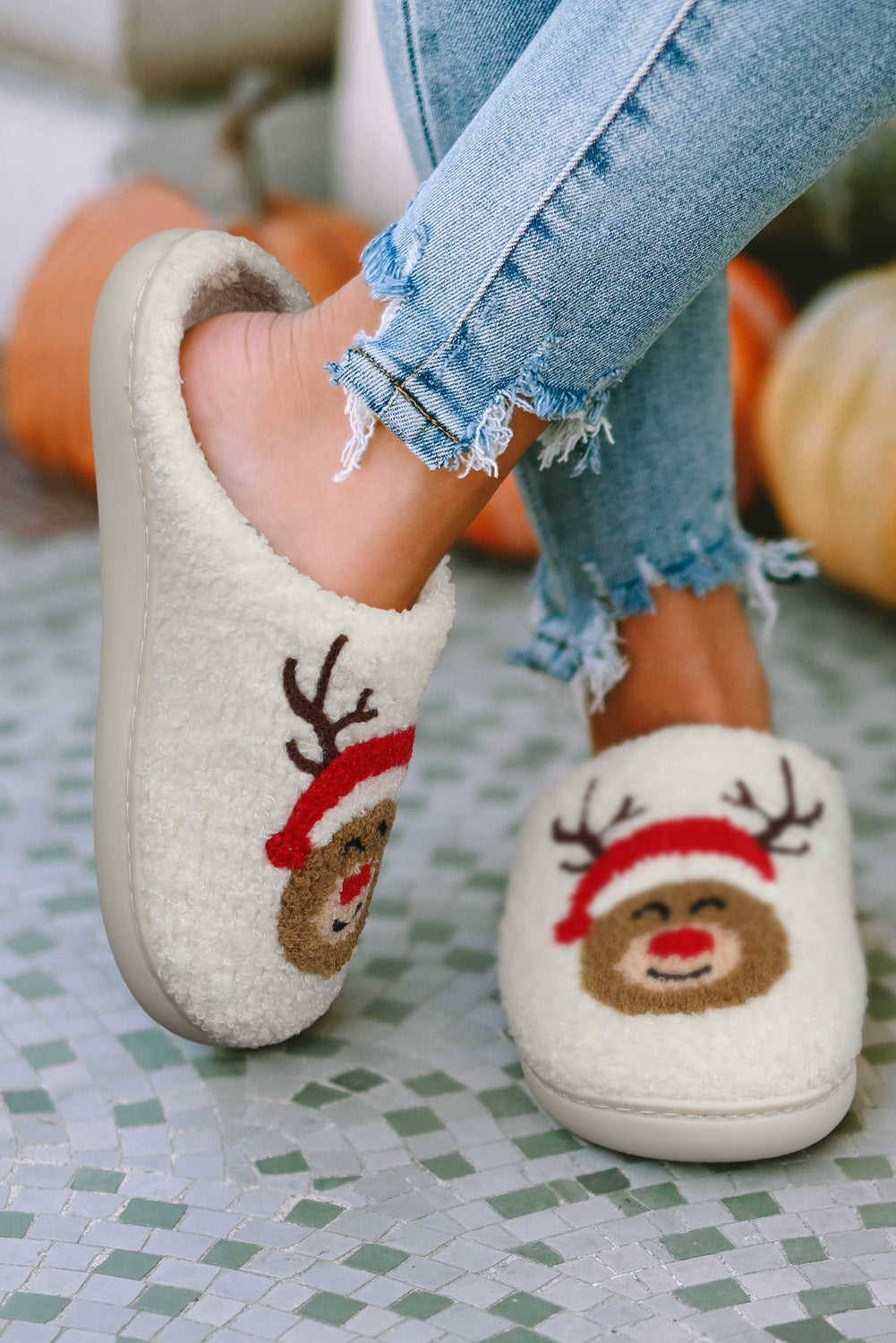 White Christmas Rudolph Home Indoor Plush Slippers