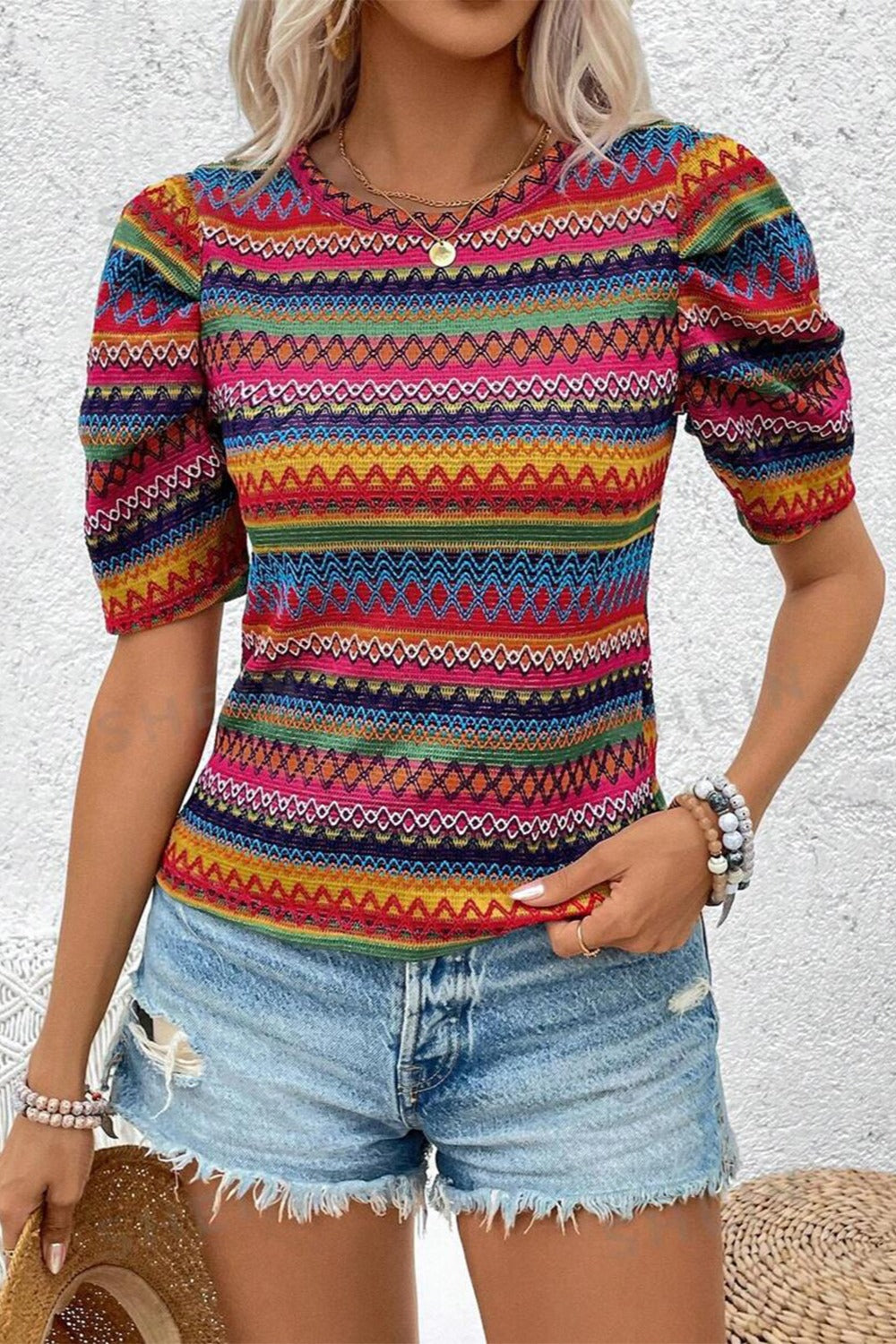 Contrast Round Neck Short Sleeve Blouse