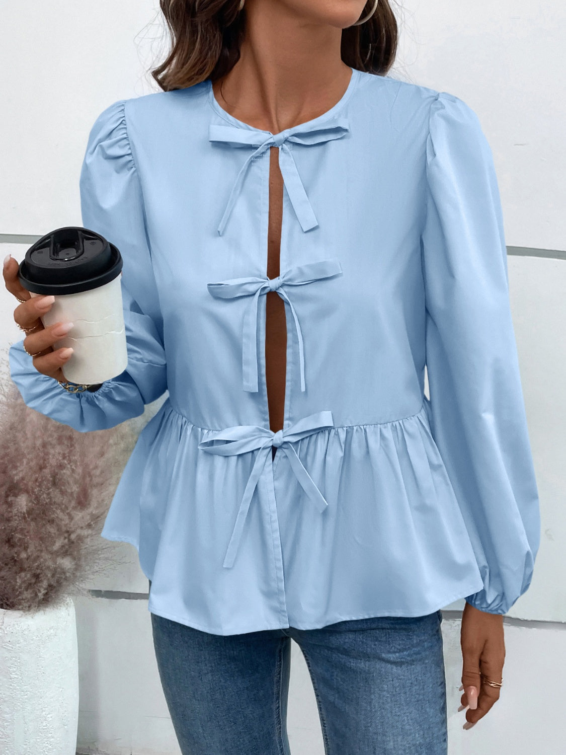 Peplum Tied Long Sleeve Blouse