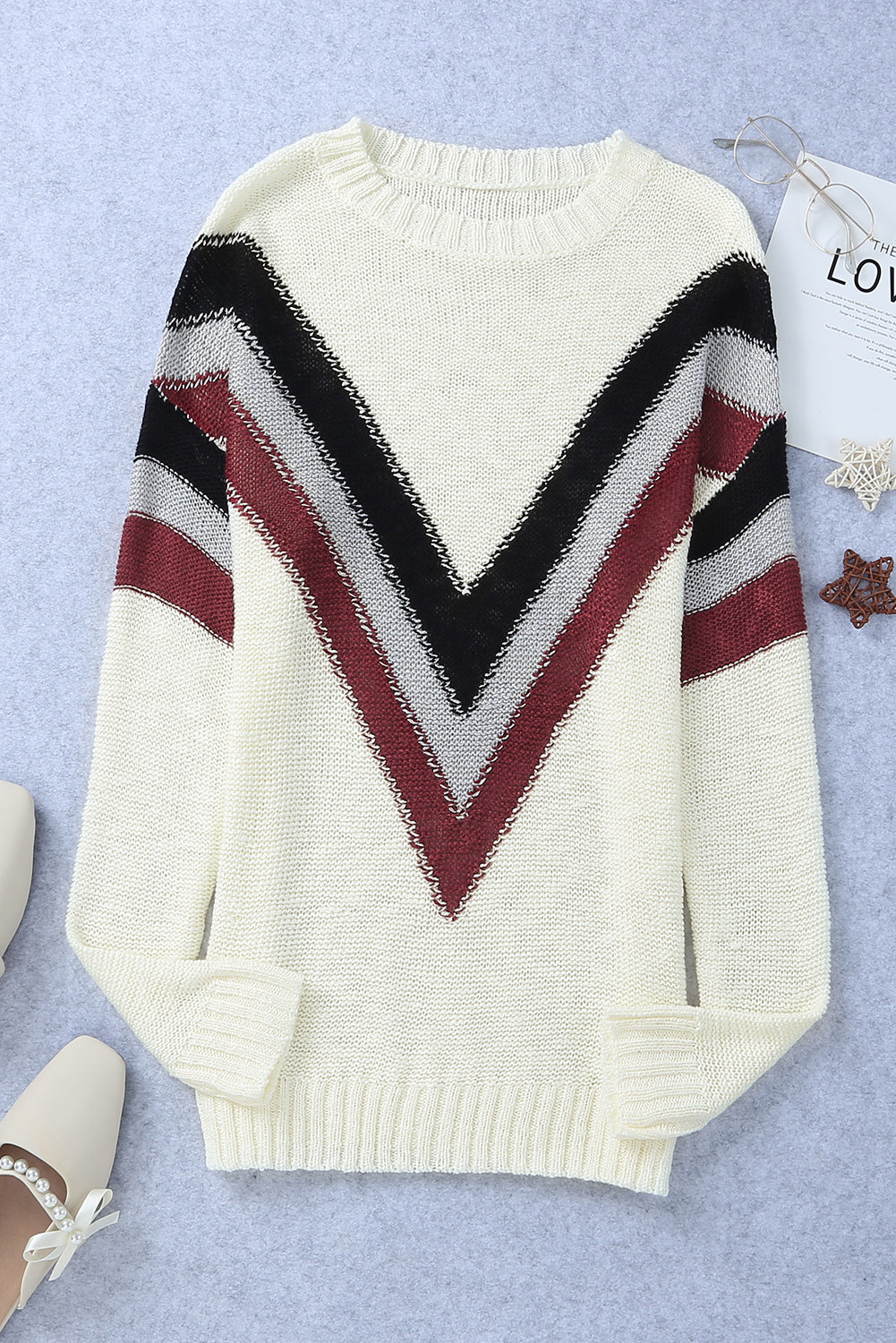 Black Chevron Striped Drop Shoulder Sweater