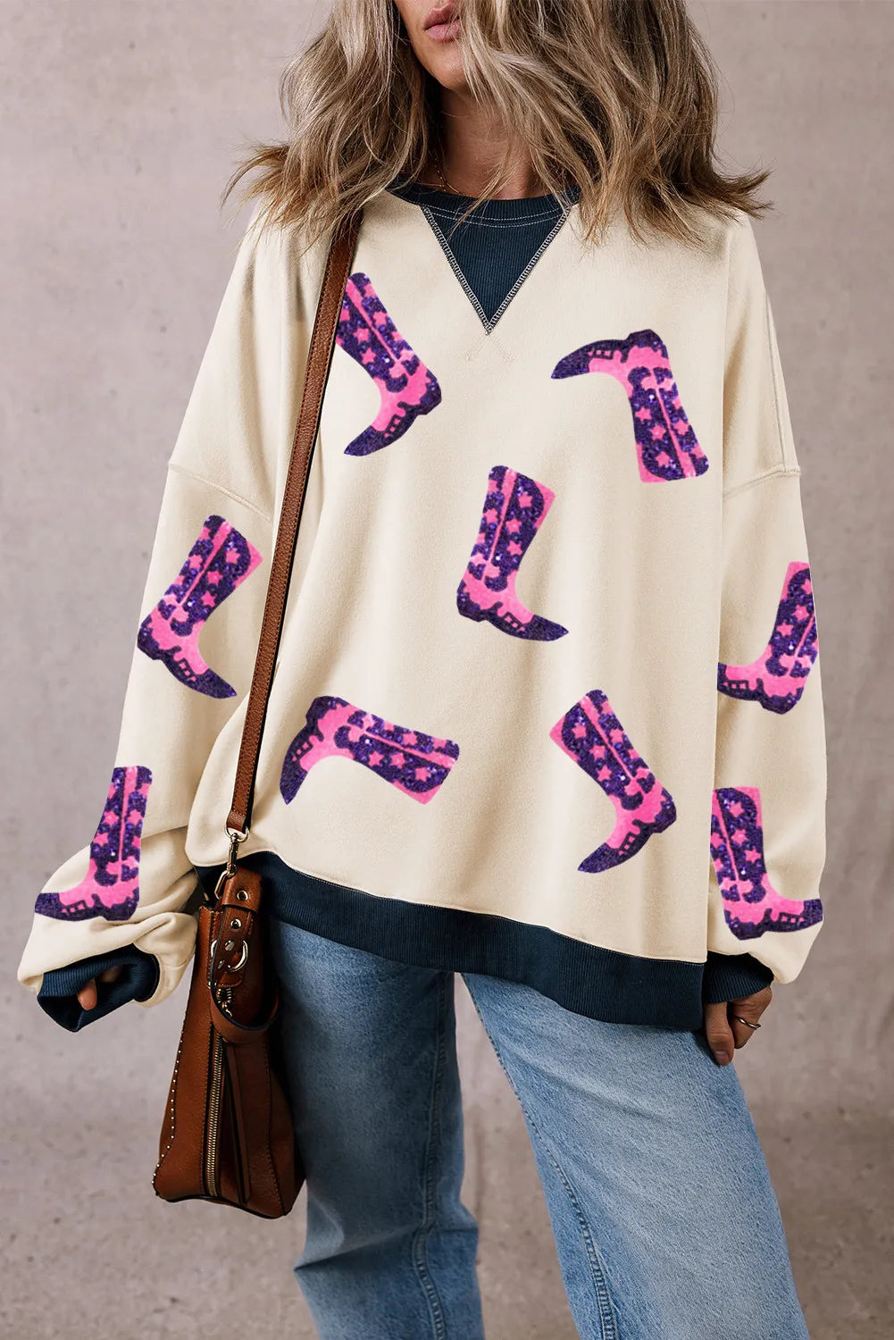 Sequin Boots Round Neck Long Sleeve Sweatshirt