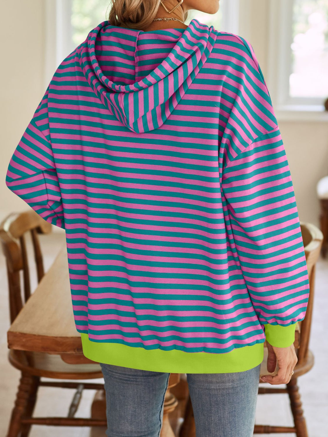 Drawstring Striped Long Sleeve Hoodie