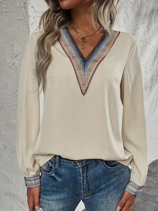 Contrast V-Neck Long Sleeve Blouse