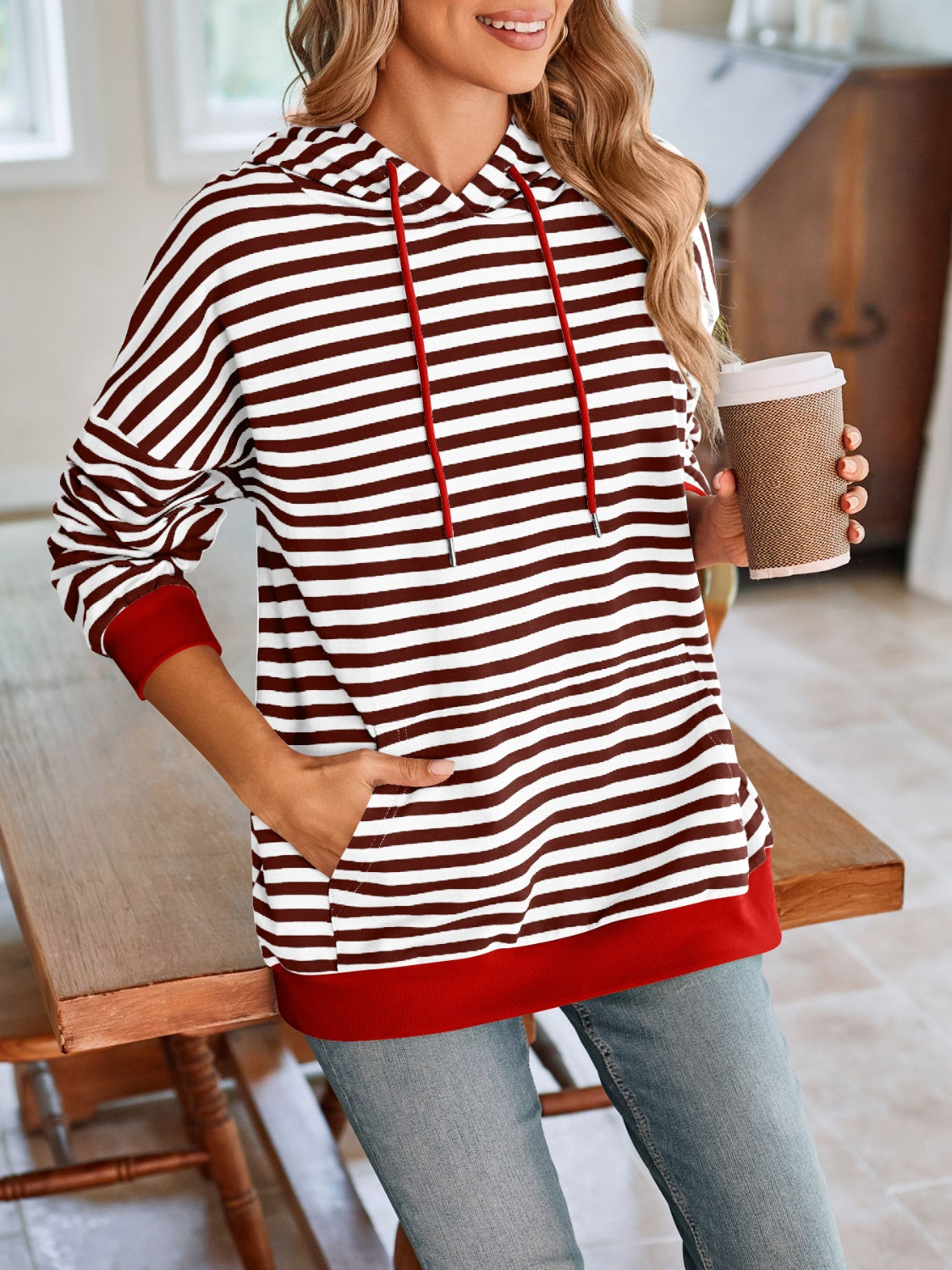 Drawstring Striped Long Sleeve Hoodie