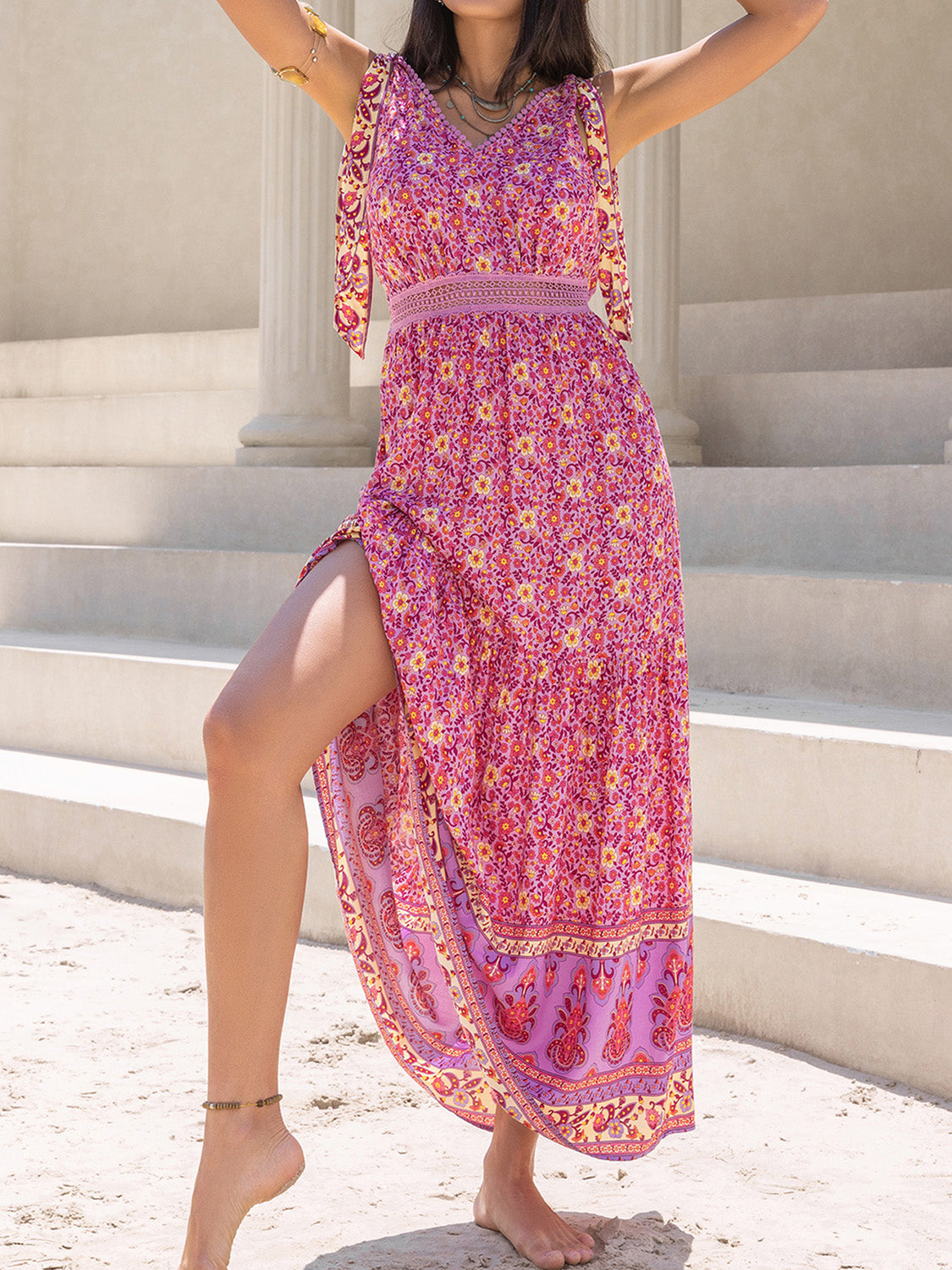 Tied Printed V-Neck Sleeveless Dress