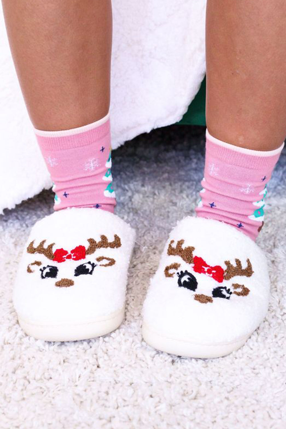 White Christmas Reindeer Plush Slippers