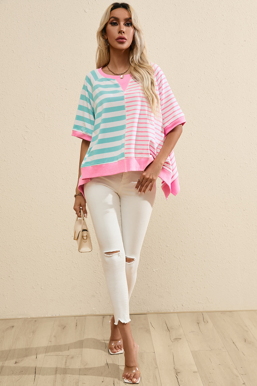 Pink Stripe Contrast Patchwork Oversized T Shirt