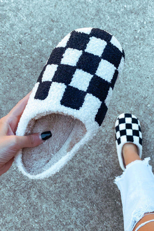 Black Checkered Print Fuzzy Slip On Winter Slippers