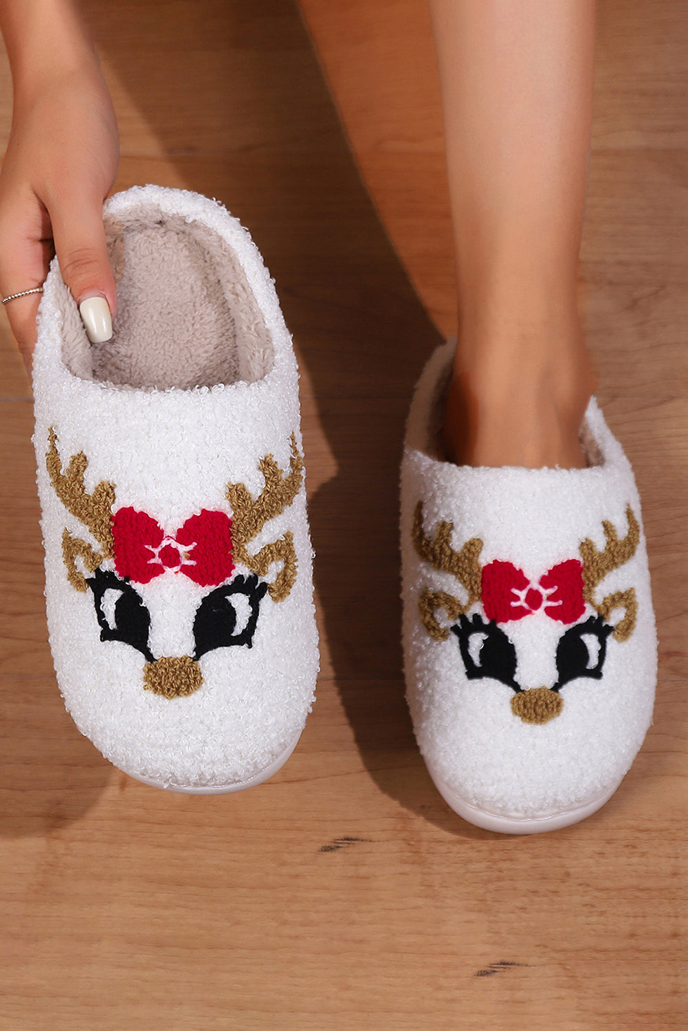 White Christmas Reindeer Plush Slippers