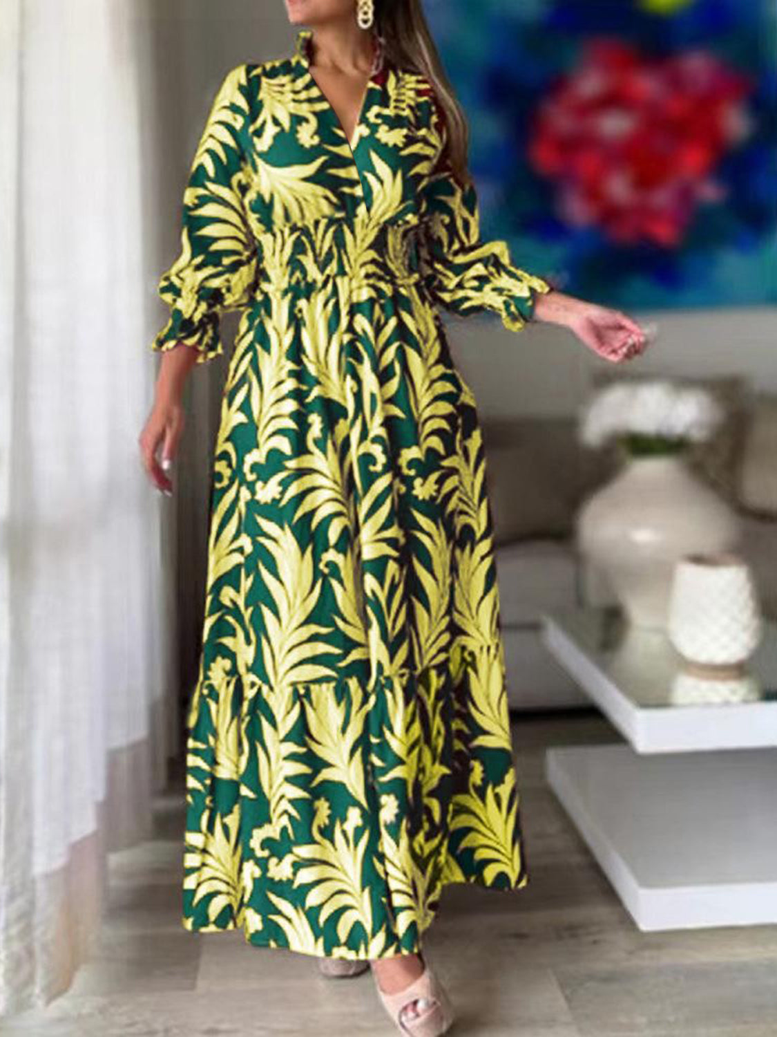 Printed Flounce Sleeve Maxi Dress