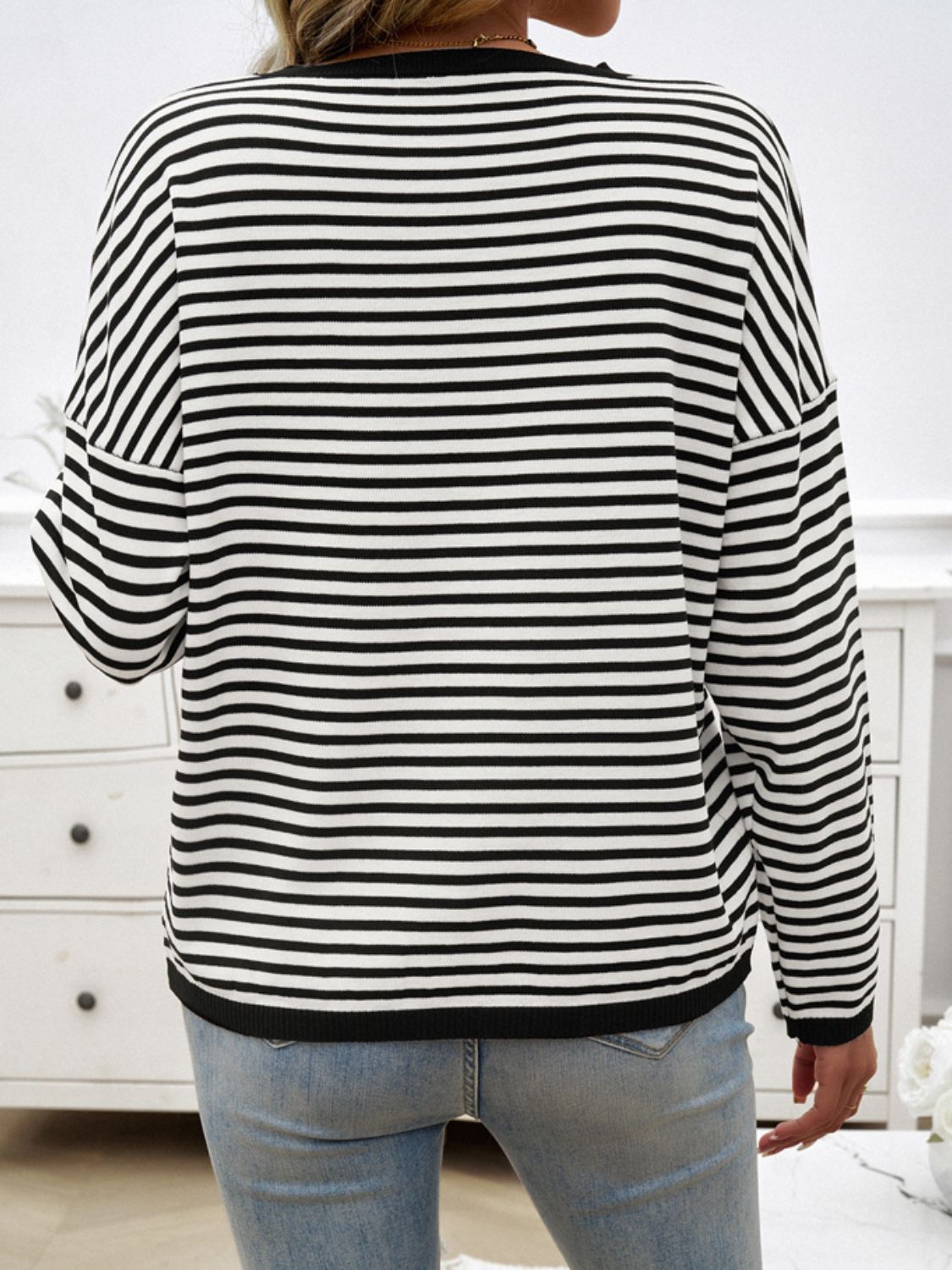 Striped Round Neck Dropped Shoulder Sweater