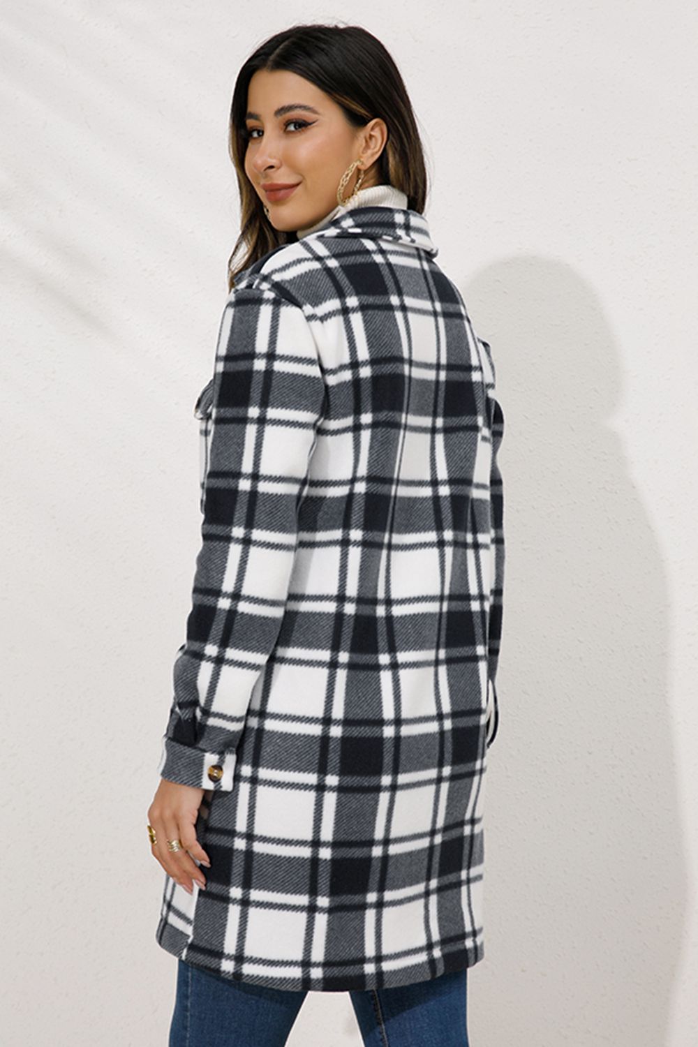 Shiny Plaid Collared Longline Coat