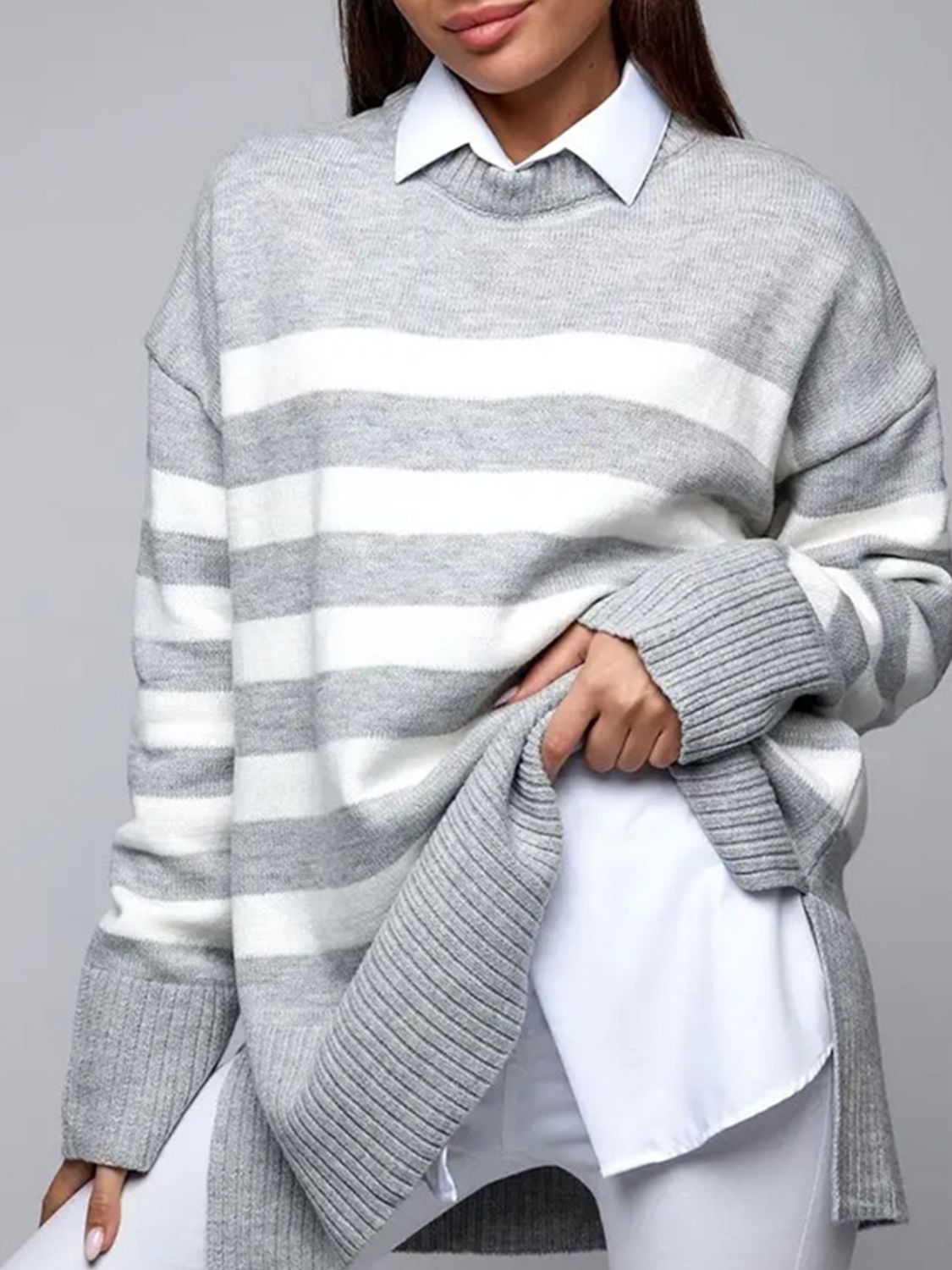 Slit Striped Round Neck Sweater