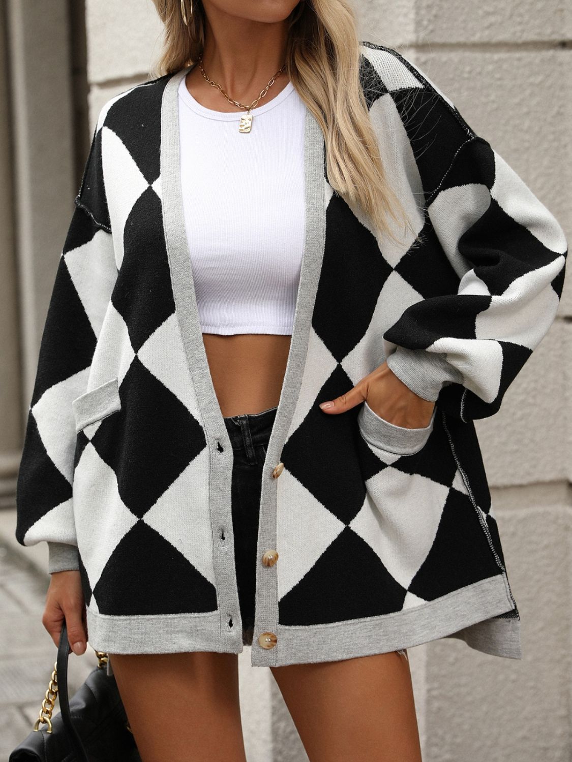 Checkered Dropped Shoulder Long Sleeve Cardigan