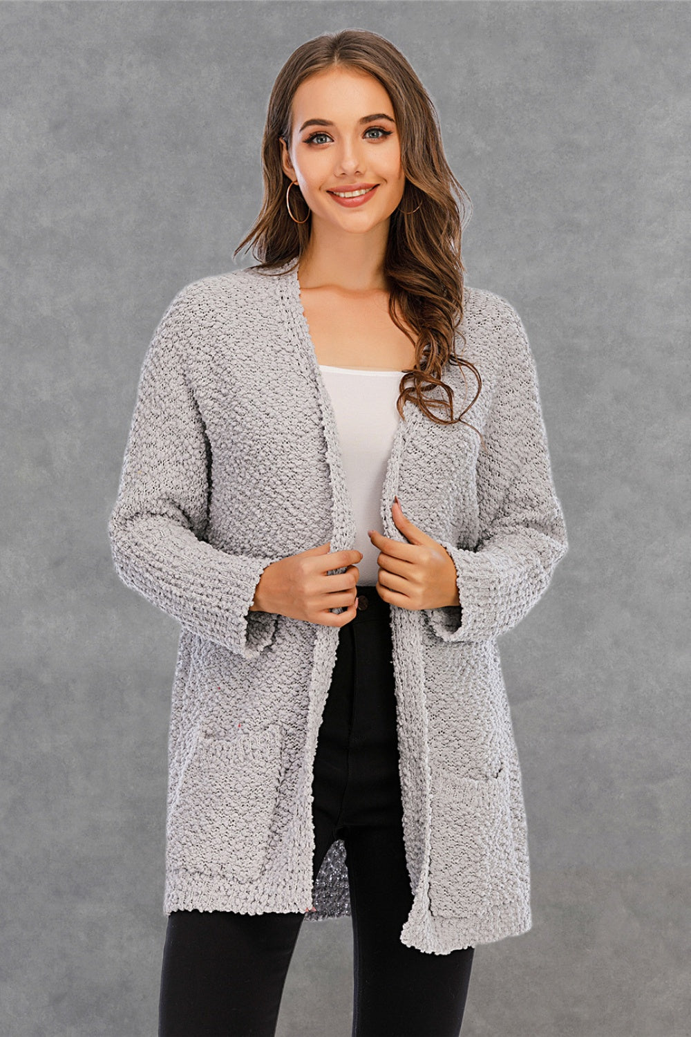 Pocketed Open Front Long Sleeve Cardigan