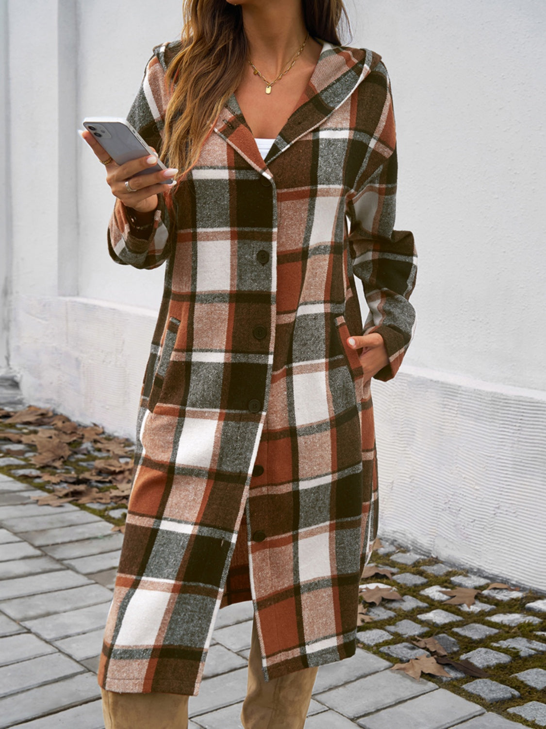 Plaid Long Sleeve Hooded Coat