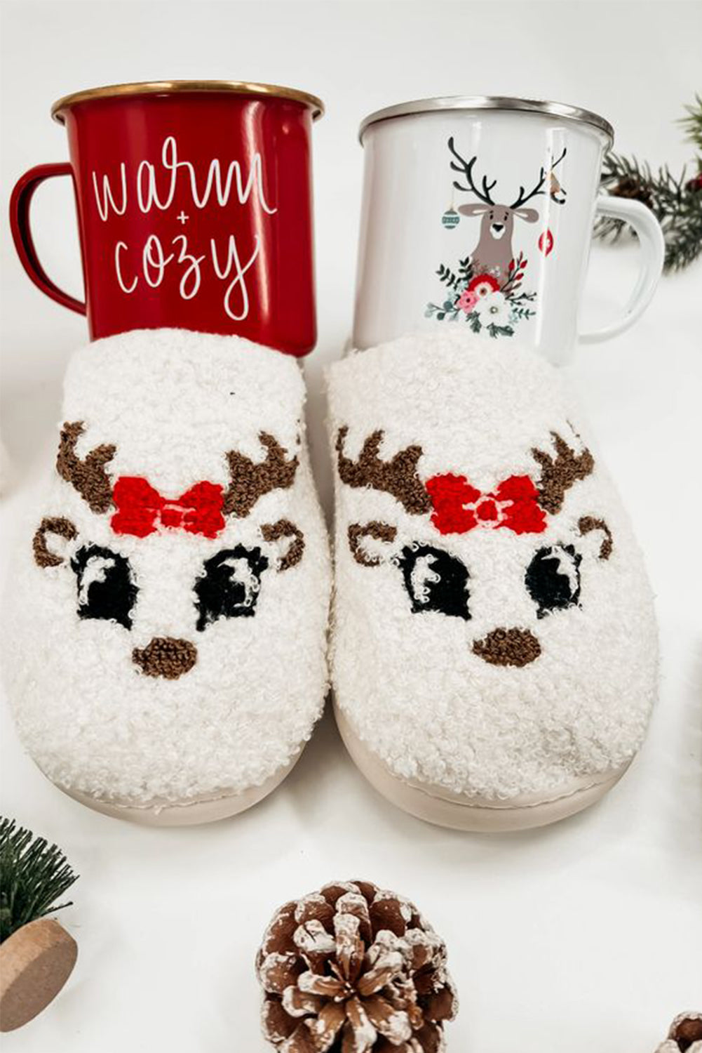 White Christmas Reindeer Plush Slippers