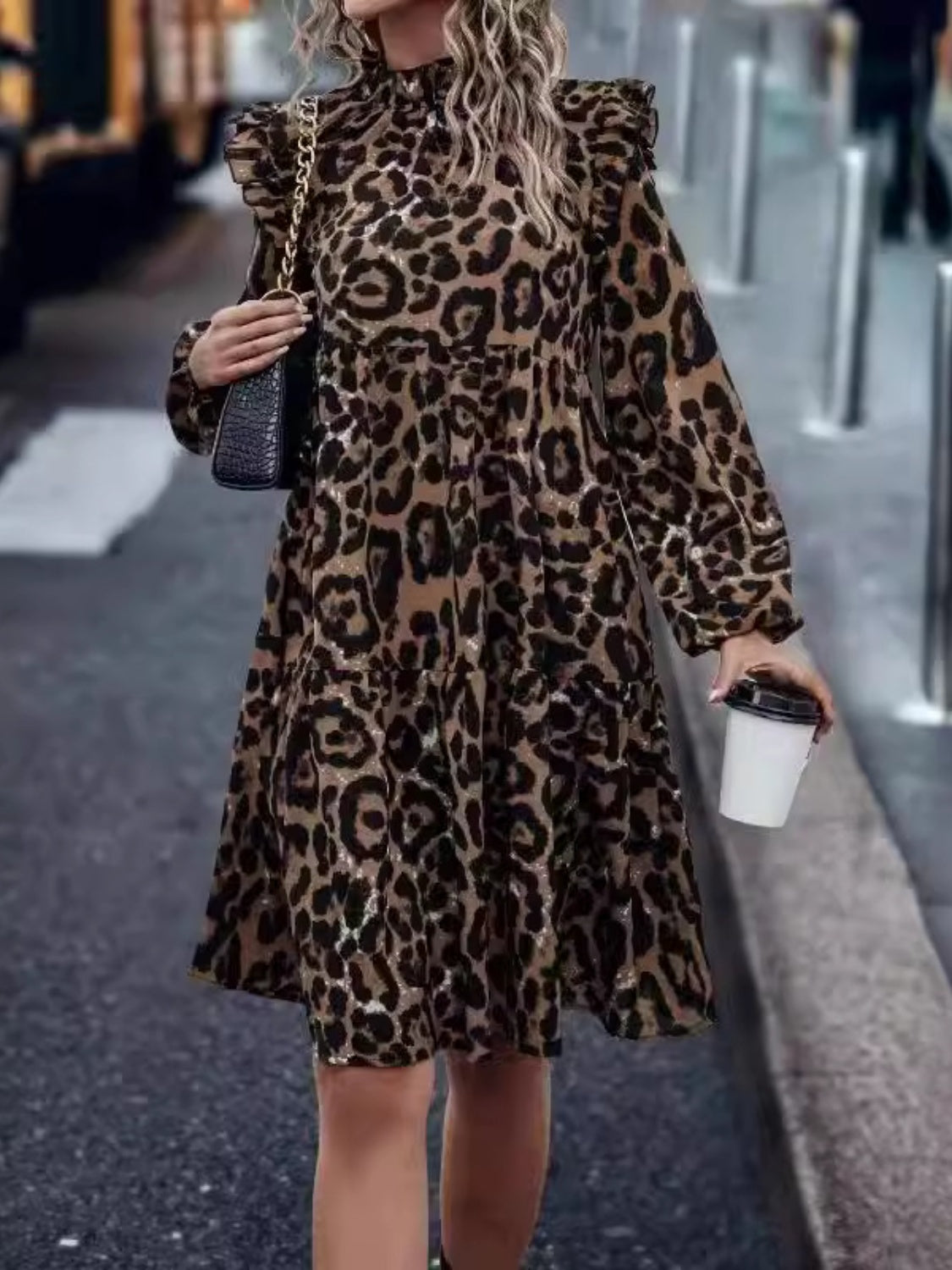 Ruffled Leopard Mock Neck Long Sleeve Mini Dress