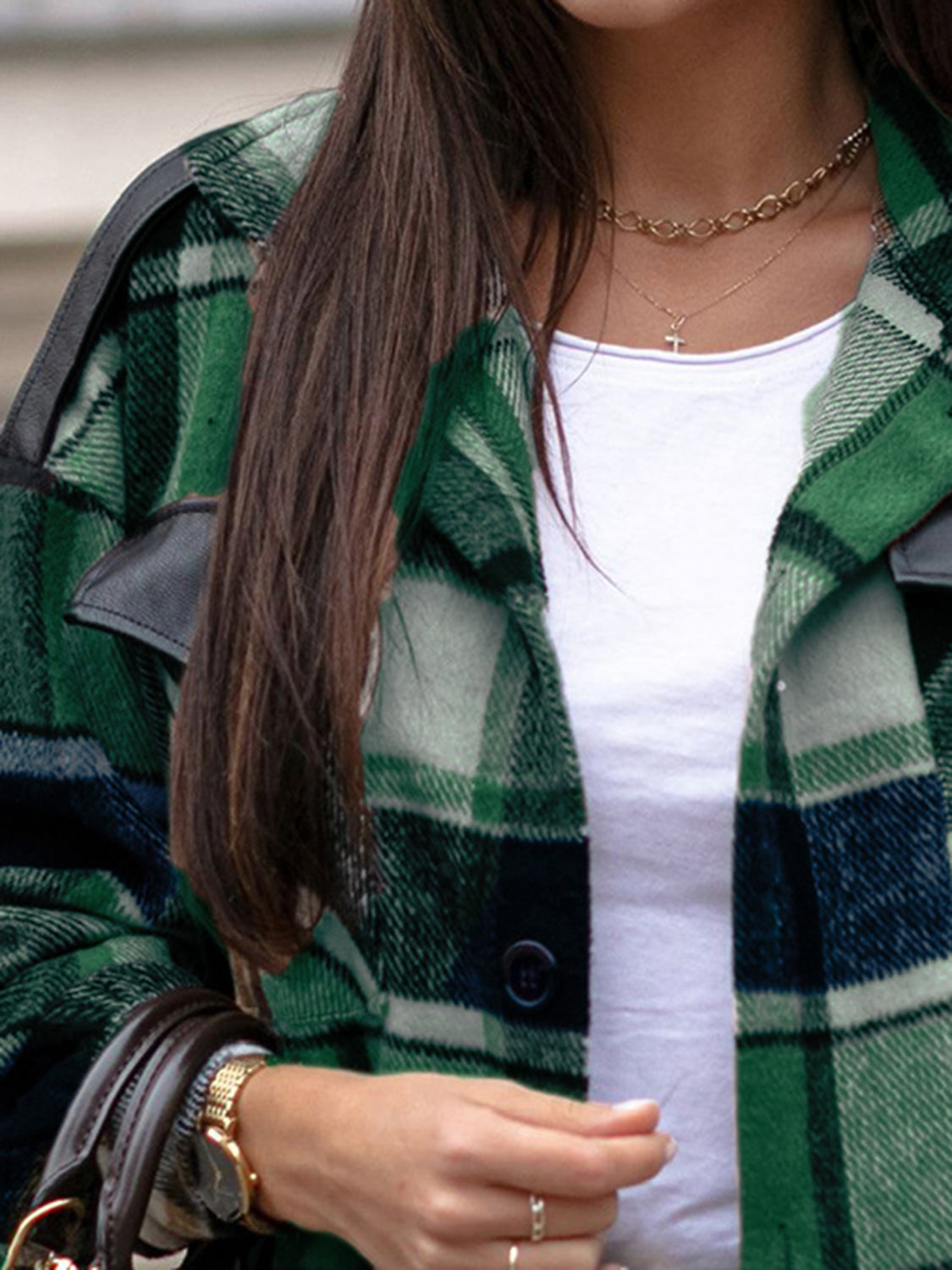 MeiMei Pocketed Plaid Button Up Dropped Shoulder Shacket