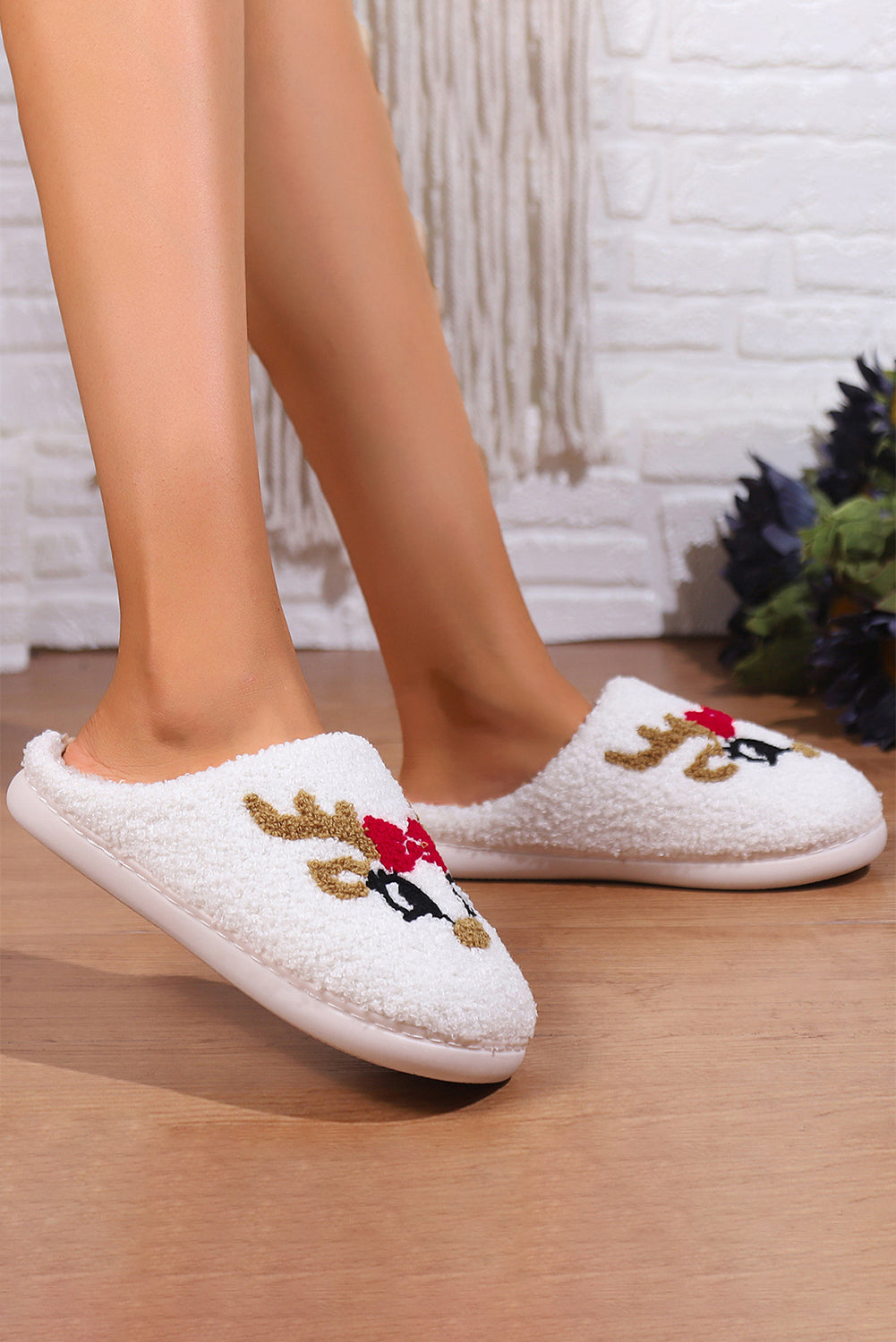 White Christmas Reindeer Plush Slippers