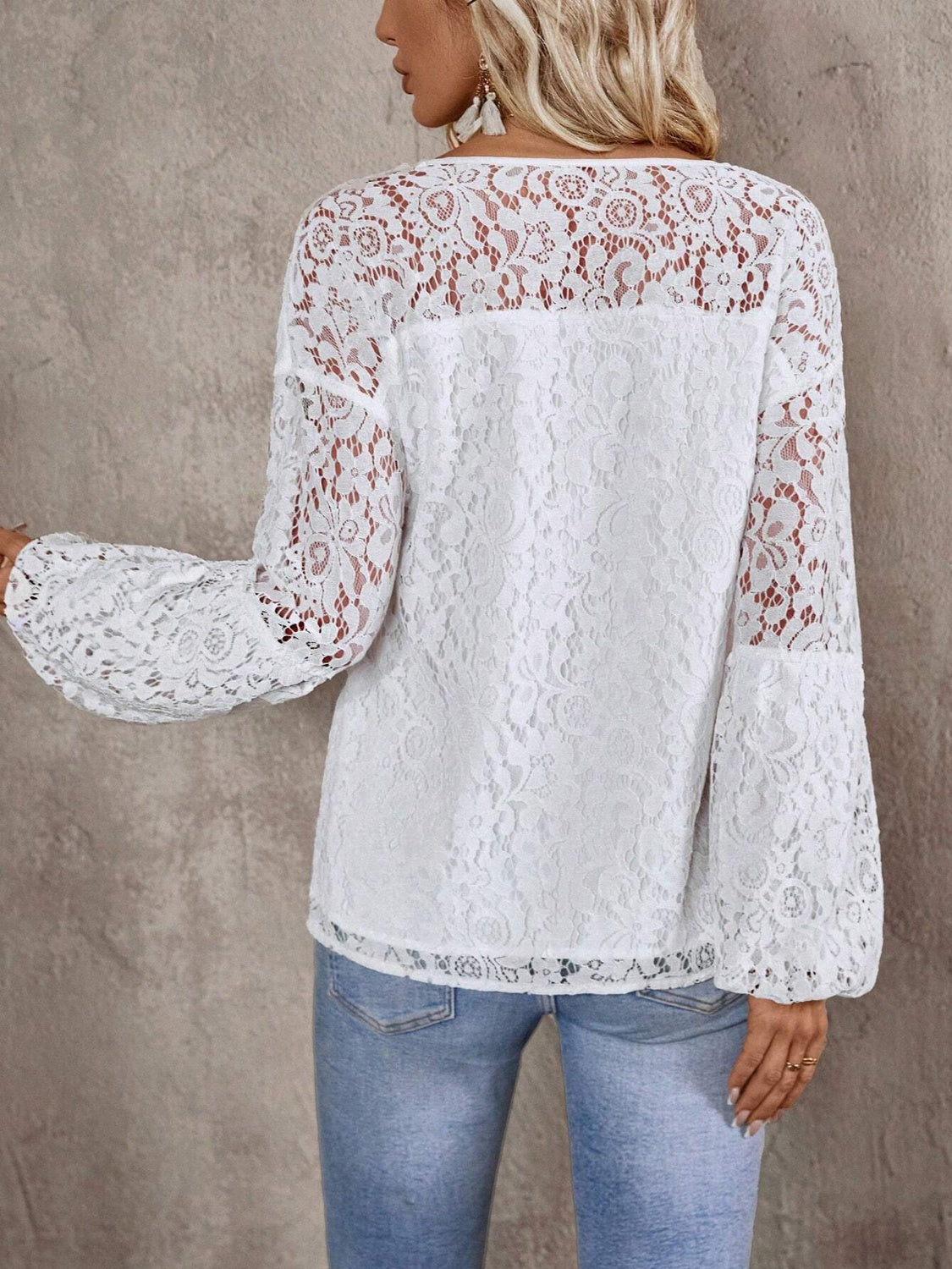 Lace Tie Neck Long Sleeve Blouse