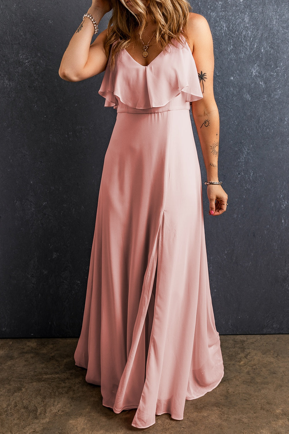 Slit Ruffled V-Neck Maxi Dress