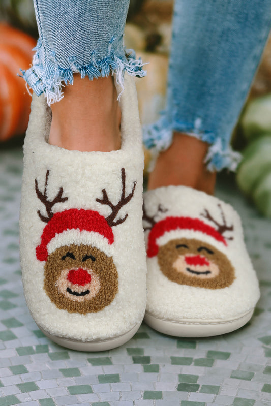 White Christmas Rudolph Home Indoor Plush Slippers