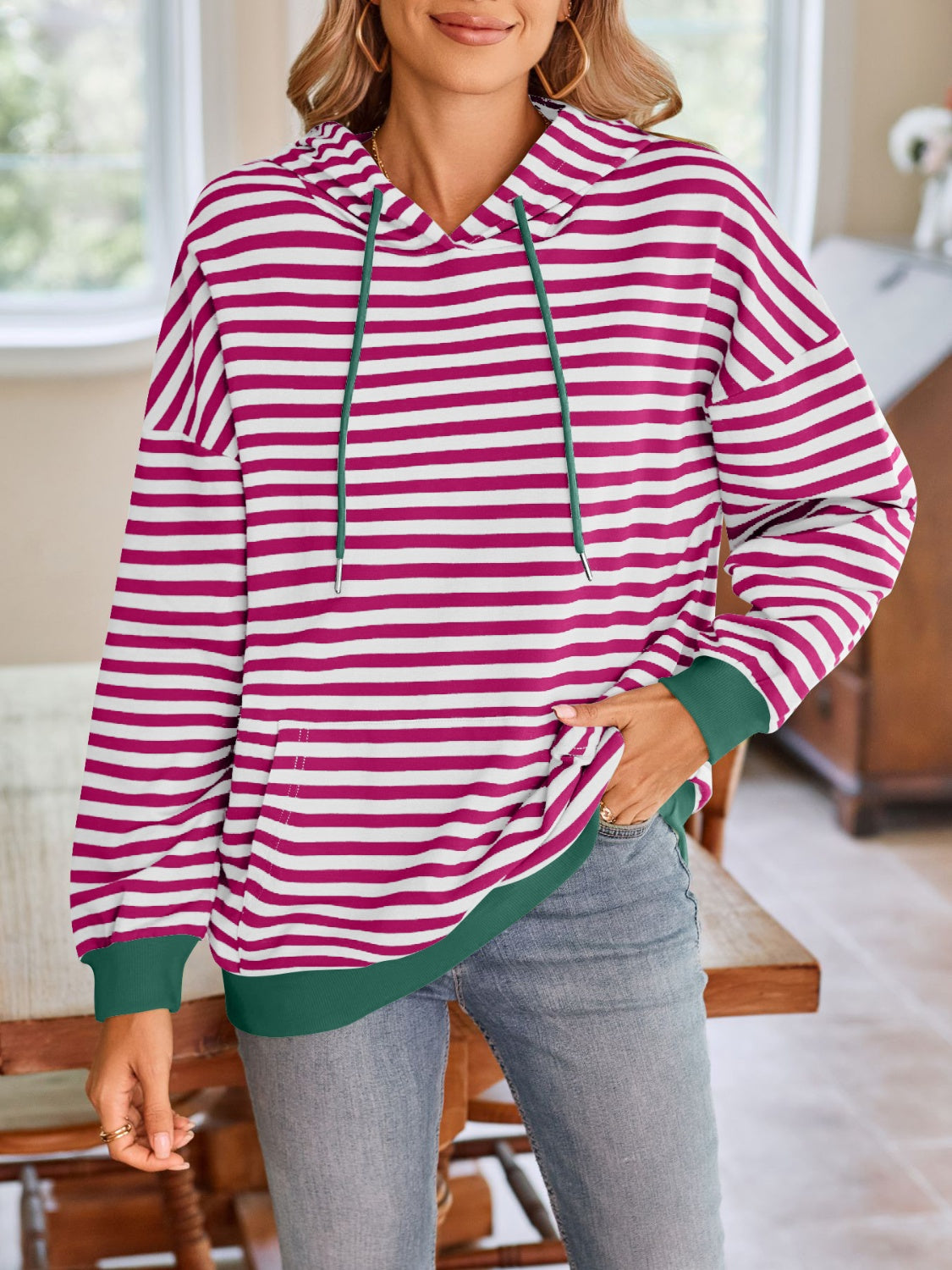 Drawstring Striped Long Sleeve Hoodie