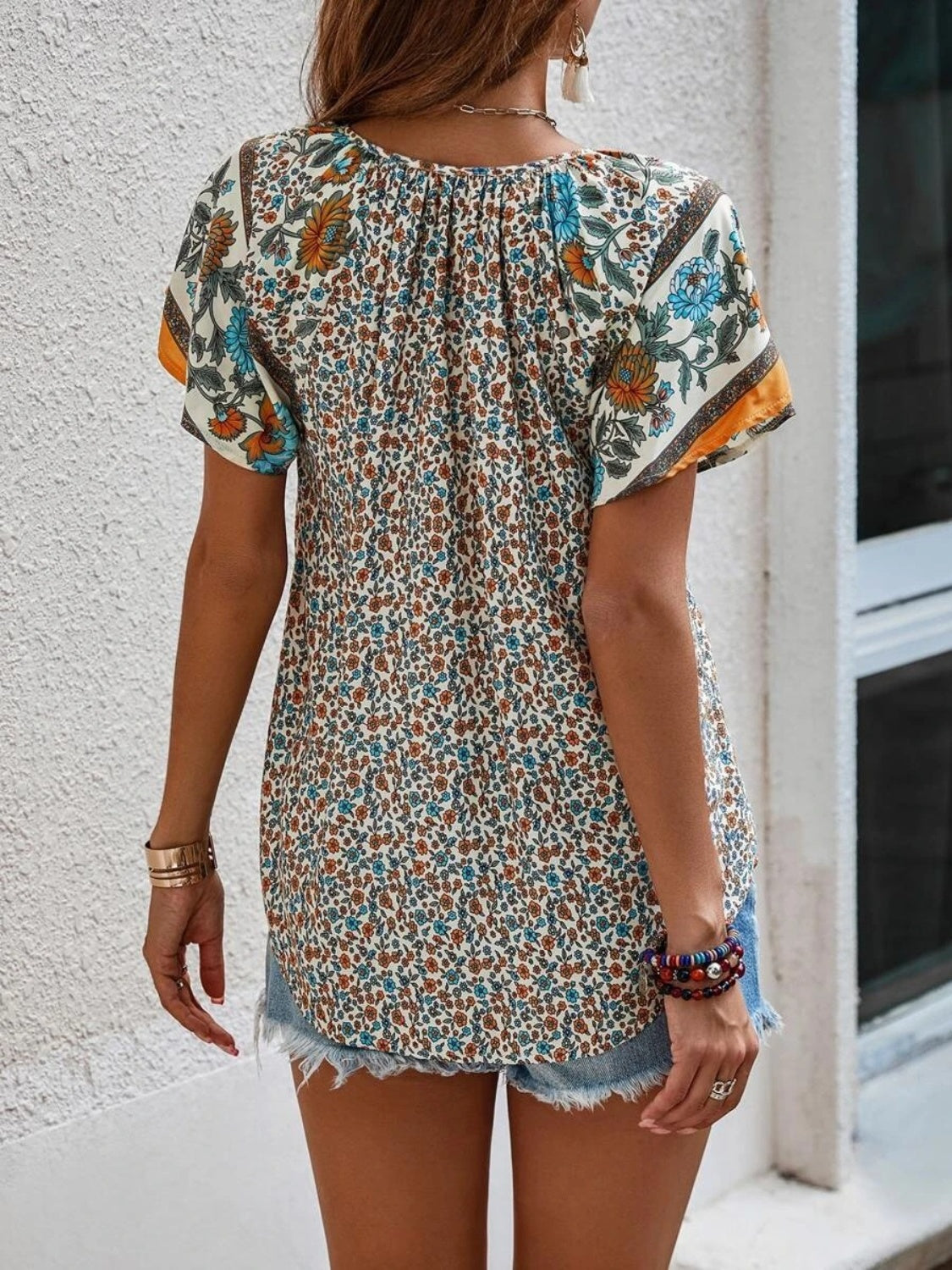 Printed Tie Neck Short Sleeve Blouse