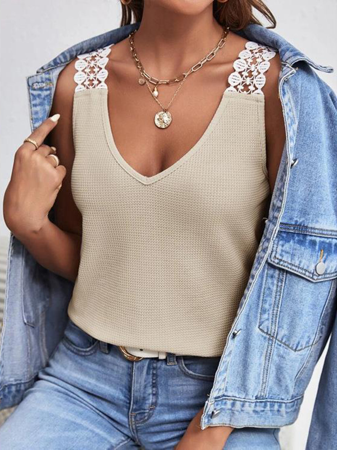 Full Size Lace Detail V-Neck Tank