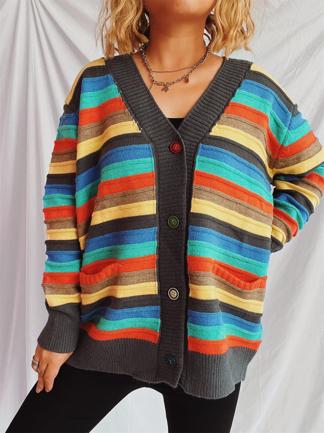 Contrast Stripes Button Up Long Sleeve Cardigan