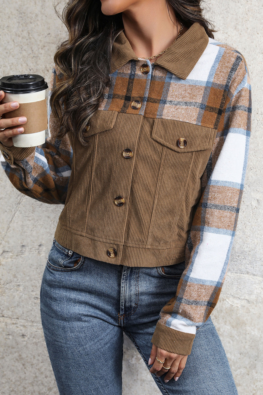 Perfee Plaid Button Up Collared Neck Jacket