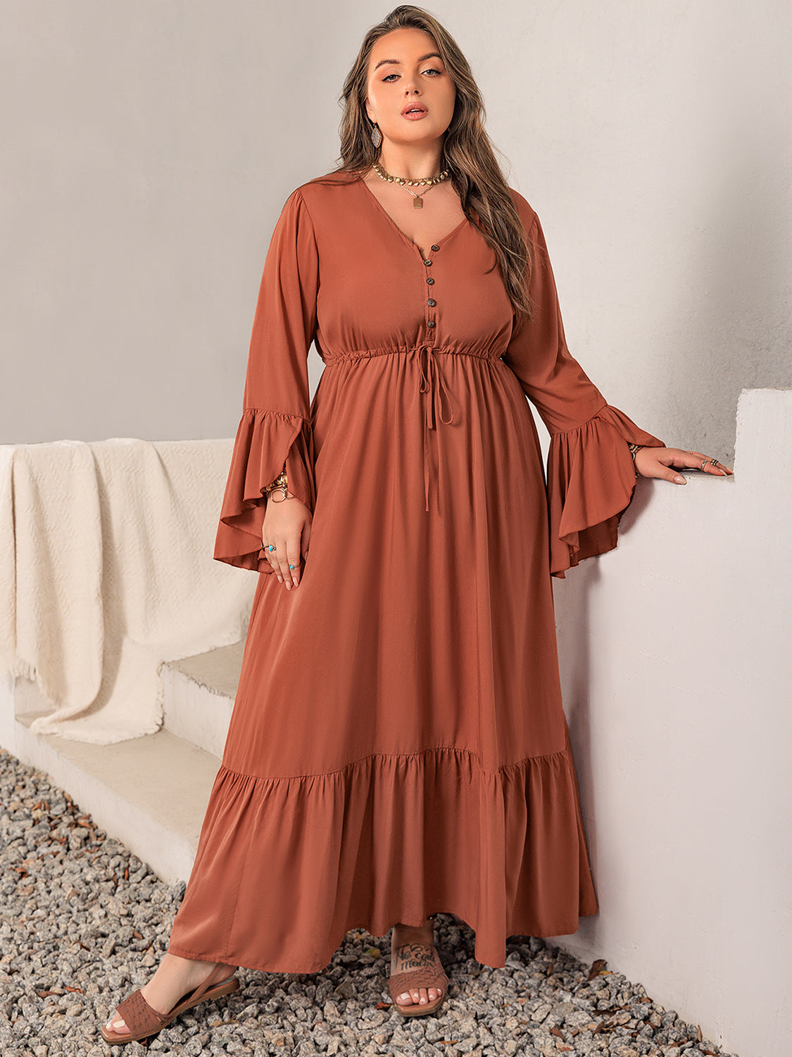 Plus Size V-Neck Flare Sleeve Maxi Dress